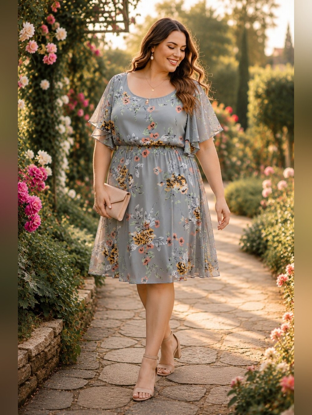 Torrid Floral Chiffon Midi Dress Size 3 Gray Flutter Sleeve Lined Plus 3X